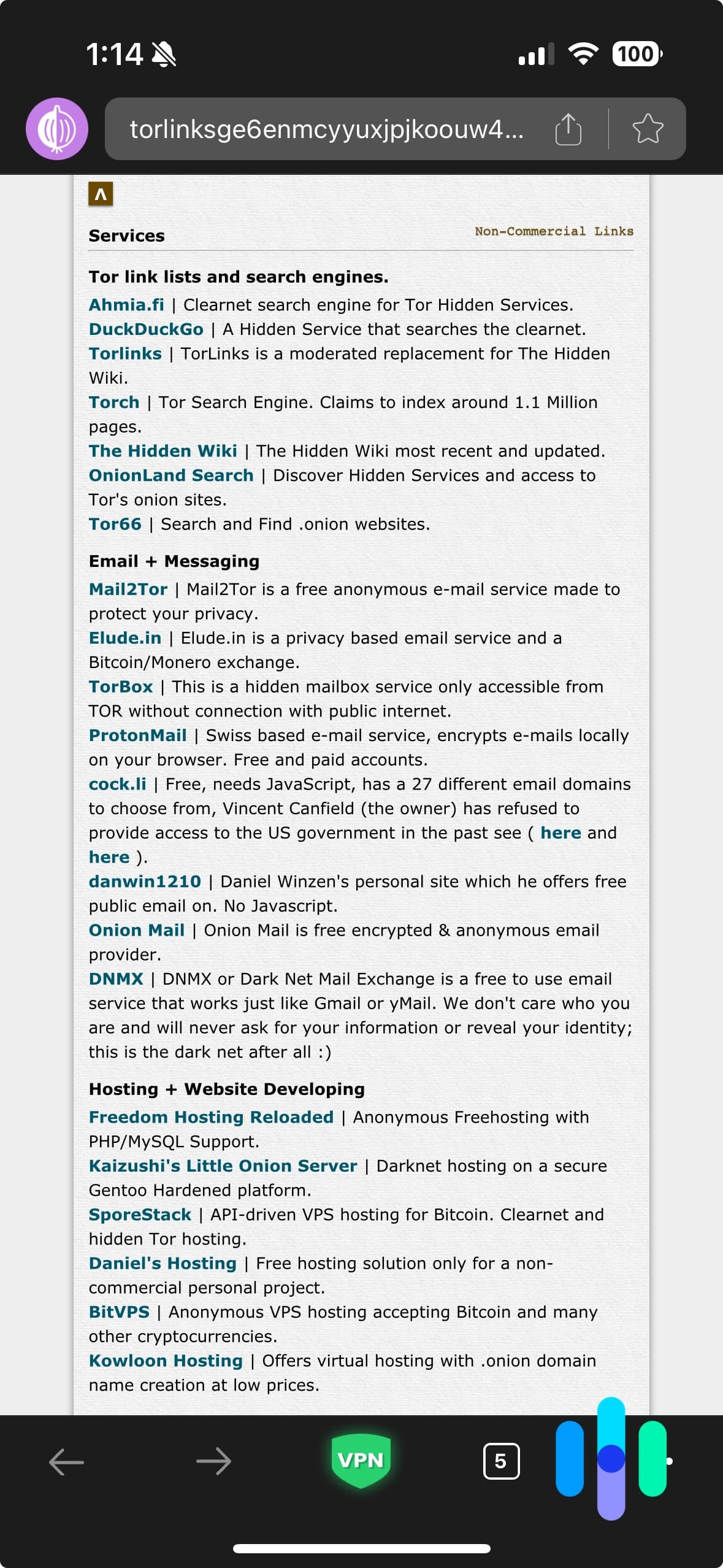 Tor link lists using the using the TorWeb App