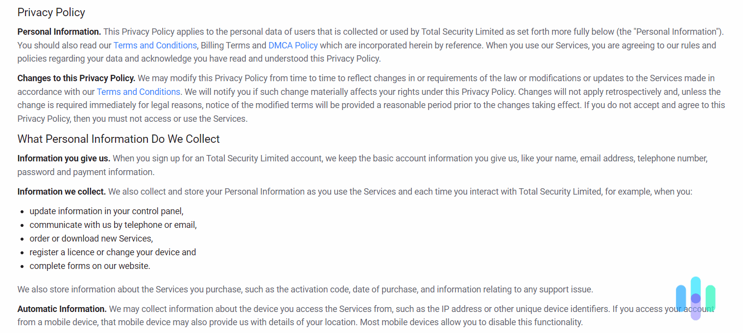 Snapshot of Total VPN’s privacy policy
